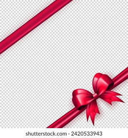 Template of pink realistic 3d bow knot in the corner with diagonally ribbon on transparent background. Bright glossy three dimensional tied bow with silk tape as present package, gift box wrapping