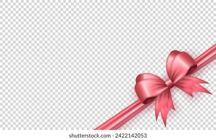 Template of pink realistic 3d bow knot with crossed ribbon in the corner on transparent background. Three dimensional diagonally tied gift bow with silk tape for present wrapping or greeting postcard