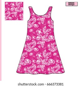 Template pink summer dress with a pattern of sketch flowers, leaves, butterflies. Vector illustration.