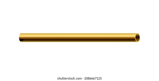 Template of pipe or hollow post part of golden shiny metal, realistic vector illustration isolated on white background. Industrial and construction pipe mockup.