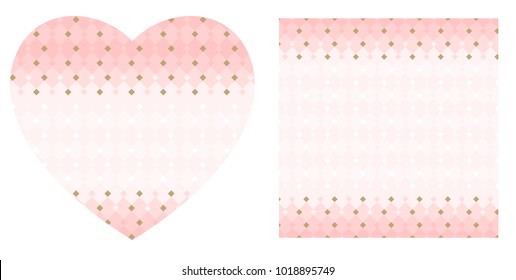 Template with place for romantic text ( Save the Date, Happy Valentine's day) Pink modern background with gold elements. Cute light backdrop for valentine card and post in social networks. Heart shape