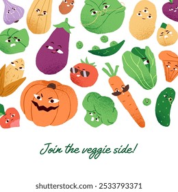 Plantilla con lugar para texto y borde con caracteres vegetales. Diseño de tarjeta con comida de granja cómica con caras divertidas. Brócoli lindo, calabaza, col, tomate, guisante verde. Ilustración vectorial plana