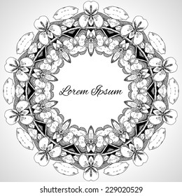 Template with place for text of flowers and branches, Line Art, monochrome