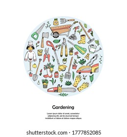 A template with a place for text of hand-drawn doodles about a country house, garden equipment, and growing vegetables.