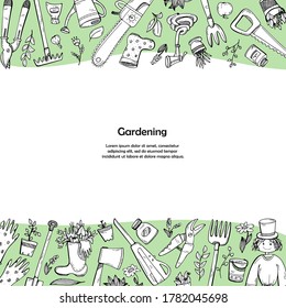 Eine Vorlage mit einem Platz für handgezeichnete Doodles über ein Landhaus, Gartenausstattung und Gemüse.