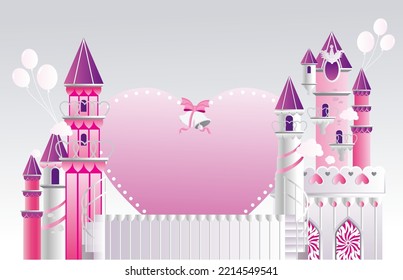 Template With Place For Text. Heart Shaped Background On Elegant Platform. Pink And White Castle Background. Balloons And Wedding Bells. Wedding Backdrop Design. Vector Illustration. Princess Lover.