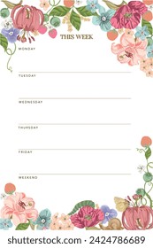 template to plan the week with a floral design ideal for  stationery designs
