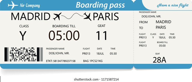 Template of plane ticket for business trip, travel or vacation journey. Variant of a boarding pass. Isolated vector illustration with blue colors