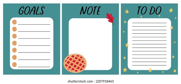Template for planner. To do list, note, goals with autumn elements. Cherry pie and oak leaf.