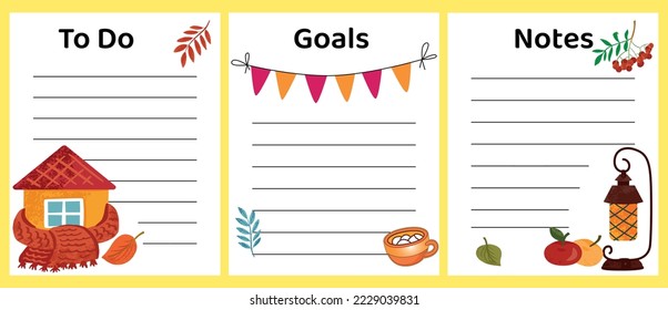 Template for planner to do list note goals with autumn elements house, hot mug, apples, yellow leaf
