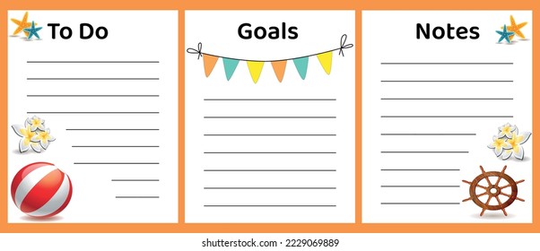 Template for Planner To Do List Notes Goals with Summer Elements Ball, sea
