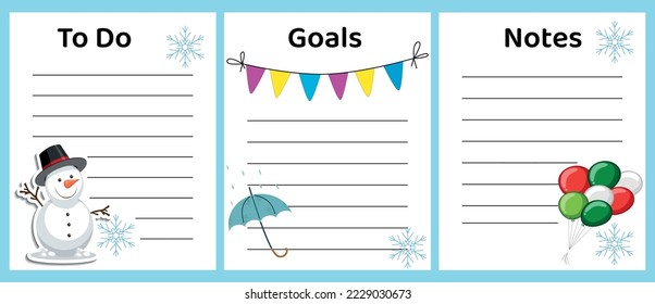 Template for a planner list of to do list  goals notes with winter elements snowman, umbrella, rain, snow, balloons, celebrate
