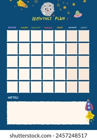 Template for planner for month with moon rocket flying saucer and stars