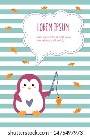 Template for planners, notebooks posters, banners, cards. Cover page with a cute penguin fishing