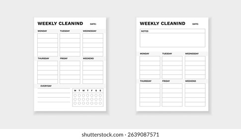 Template for planning weekly cleaning, featuring organized sections for tracking tasks on each day.