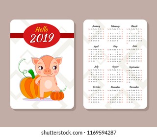 Template of the pocket calendar 2019. Chinese calendar for the year of pig 2019. Cute Pig with Pumpkins
