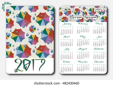 Template of pocket calendar with grid for 2017 in flat style with colorful weather umbrellas. First day of week - Monday. Suitable for Europe, Britain, part of Asia on english. Vector illustration