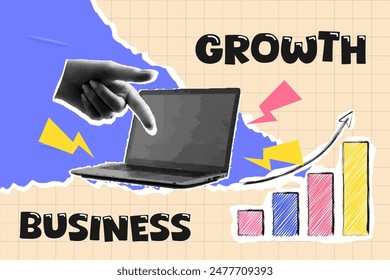 Template for pop collage business growth, infographic.  Vector illustration.