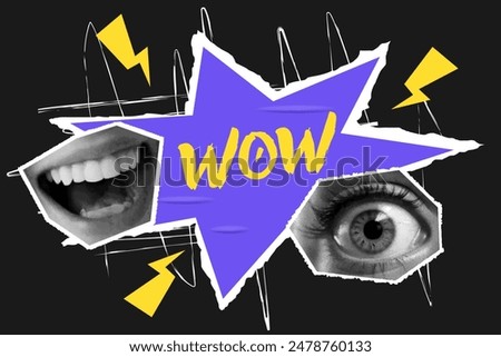 Template for pop collage. Eye and mouth, inscription wow. Vector