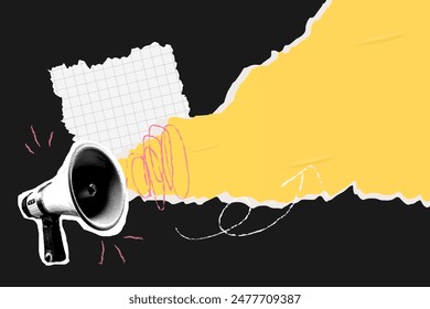 Template for pop collage. Megaphone and space for the inscription. Vector illustration.