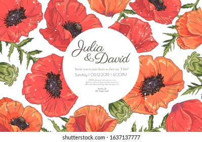 Template with poppy on white background. Vector delicate invitation with poppy for wedding, marriage, bridal, birthday, Valentine's day. mothers day