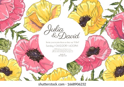 Template with poppy on white background. Vector delicate invitation with poppy for wedding, marriage, bridal, birthday, Valentine's day. mothers day