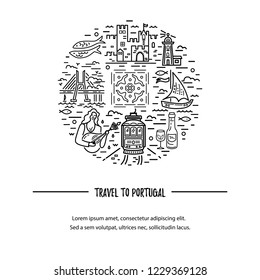 Template with Portugal symbols circle. Vector illustration. Line style. Travel concept.