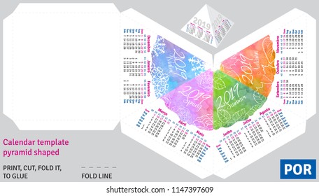 Template portuguese (brazilian) calendar 2019 by seasons pyramid shaped, vector watercolor background
