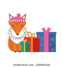 Template post card. Happy New Year and Merry Christmas sale concept with gifts, shopping bags, decorations animals and snow. Vector holiday banner