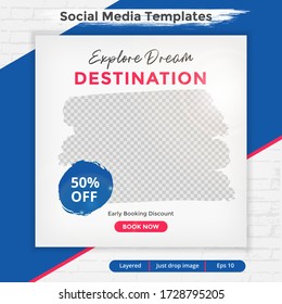 Template post for social media ad. Web banner Square for travel ads.