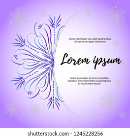 template of postcard, banner, poster, invitation with blue snowflake on purple background. Vector design