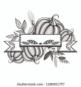 A template for the postcard collected from the symbols of autumn. Harvest of pumpkins surrounded by twigs with leaves. Black silhouettes with white fill.