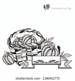 A template for the postcard collected from the symbols of autumn. Harvest of pumpkins surrounded by twigs with leaves. Black silhouettes with white fill.