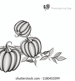 A template for the postcard collected from the symbols of autumn. Harvest of pumpkins surrounded by twigs with leaves. Black silhouettes with white fill.
