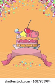Template postcard, cover, peach background and multi-colored sweets, bright caramel, cat lies on a cake, pink greeting ribbon