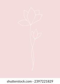 A template for a postcard with a delicate flower on a pink background, hand-drawn. A decorative element for a holiday, design, wedding. A flower on a thin stem with a bud for congratulations.