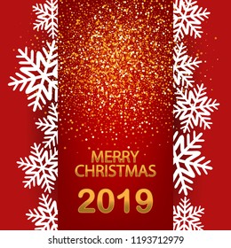 
Template for postcard design. Red background with gold glitter particles and white snowflakes.