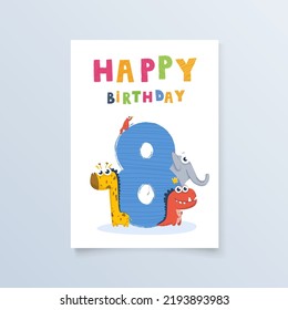 template postcard eight years with giraffe. greeting card birthday holiday for print, design, poster,