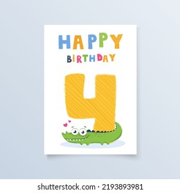 template postcard four years with crocodile greeting card birthday holiday for print, design, poster,