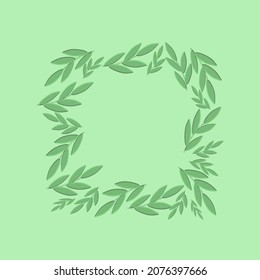 Template postcard with green twigs with leaves in the shape of a square on a green background. To celebrate Valentine's Day or March 8. Wallpaper, flyers, invitations, posters, brochure,  banners.