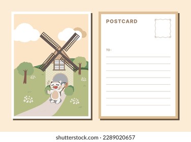 Template of postcard, Illustration of a cute yawning cat in front of a small windmill house on the green hill