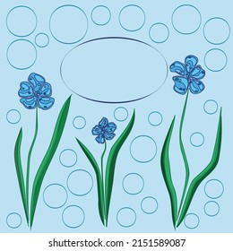 Vorlage für Postkarte oder Einladung. Blaue Blumen auf blauem Hintergrund.