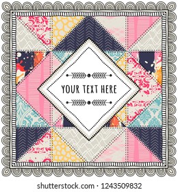 Template of postcard or invitation with decorative elements. Patchwork background. 