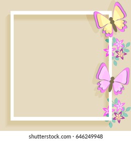 Template for postcard, invitation, greeting card with flowers and butterflies, colored frame with floral decorative elements and butterflies