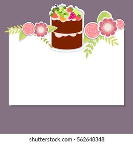 Template for postcard, invitation, wedding, card with sweets, cakes, muffins cupcakes and fruits