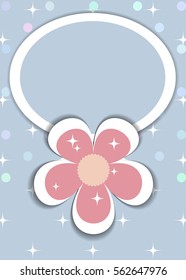 Template for postcard, invitation, wedding, party card with oval frame and big pink flower