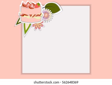 Template for postcard, invitation, wedding, party card with sweets, cakes, muffins cupcakes and fruits