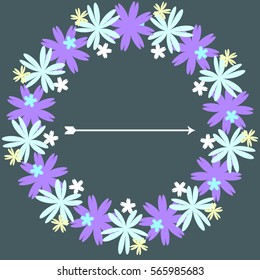 Template for postcard, invitation, wedding, party card with blue and purple floral wreath and arrows