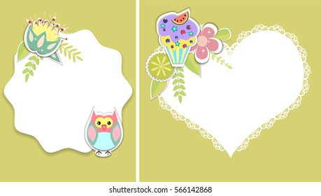 Template for postcard, invitation, wedding, party card with flowers, owl and cupcake