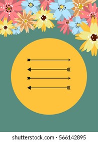 Template for postcard, invitation, wedding, party card with yellow frame, flowers and arrows